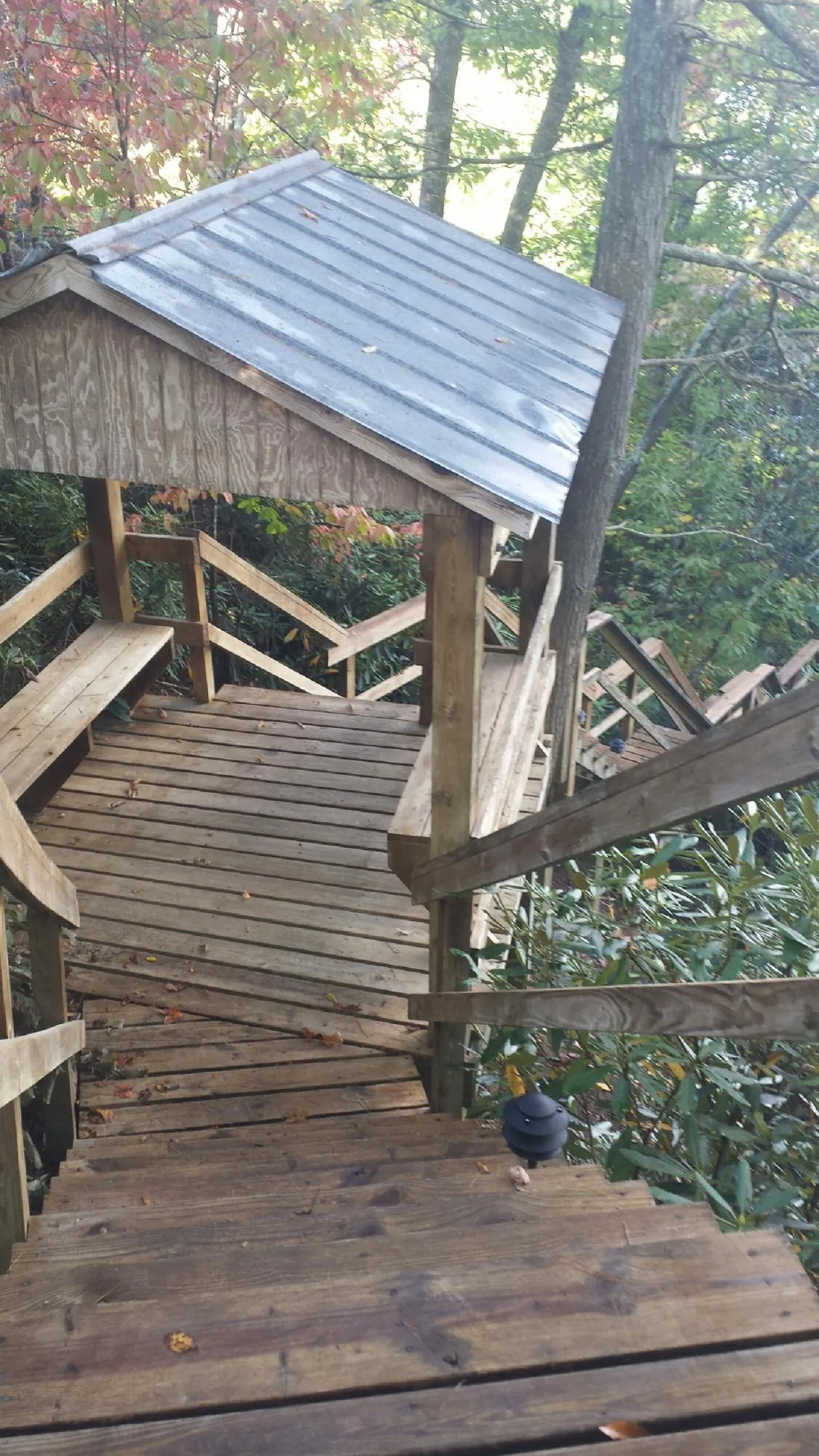 Metal roofed shelter over wooden steps on a wooded walkway — Skylight Repair & Installation work by our crew in Bakersfield